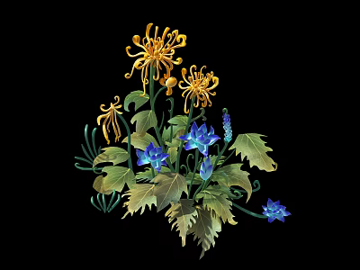 Beautiful Golden And Blue Flowers With Green Leaves On Black Background 3d model
