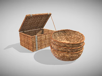 Handwoven Wicker Storage Box and Stacked Baskets for Household Use 3d model