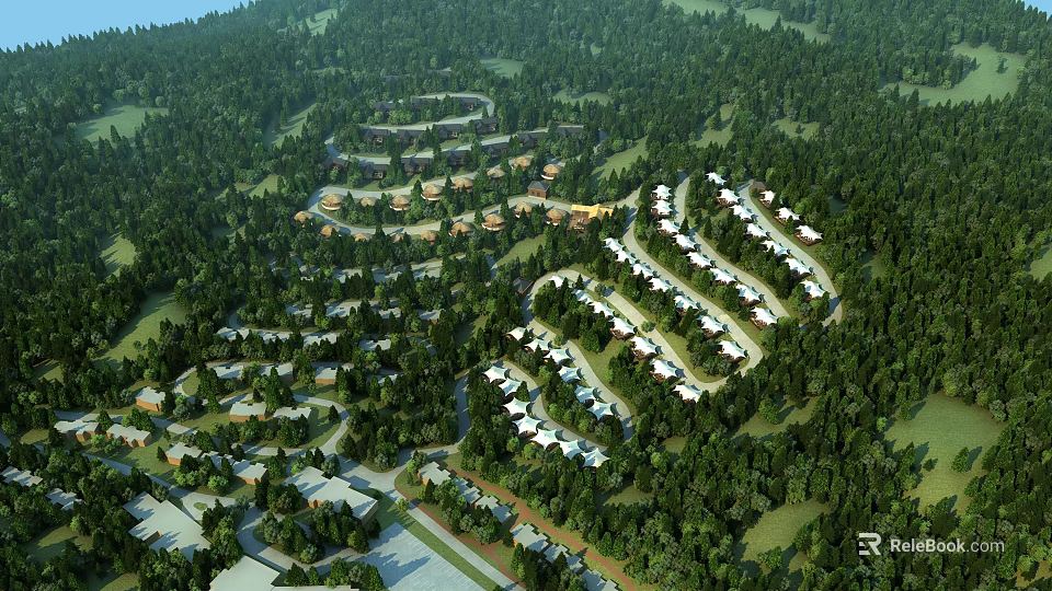 Scenic Park Landscape With Winding Paths And White Structures Amidst Green Forest 3d model 