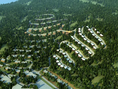 Scenic Park Landscape With Winding Paths And White Structures Amidst Green Forest 3d model