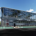 Modern Architectural Building Exterior With Glass Curtain Wall And Night Lighting At Entrance