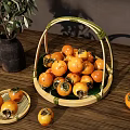 Fresh Persimmons in Bamboo Basket on Wooden Table with Small Plates and Green Plant