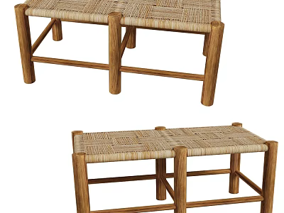 Natural Wooden Stool With Handwoven Seat And Sturdy Legs For Home Living Room Decor 3d model