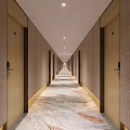 Elegant Hotel Corridor With Textured Wall Panels Ceiling Lights And Patterned Carpet 3d model