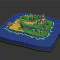 Cartoon Island Scenery With Red White Lighthouse Green Trees Sandy Beach And Blue Water