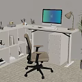 Modern White Desk Setup With Computer Monitor Office Chair Bookshelf And Potted Plant