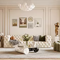 Luxurious Living Room Interior With Tufted Sofa Green Accent Chair Spherical Chandelier And Wall Art