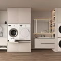 Modern Laundry Room With Front Load Washing Machines Cabinets Sink And Mirror