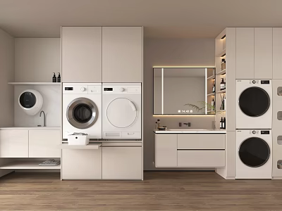 Modern Laundry Room With Front Load Washing Machines Cabinets Sink And Mirror 3d model
