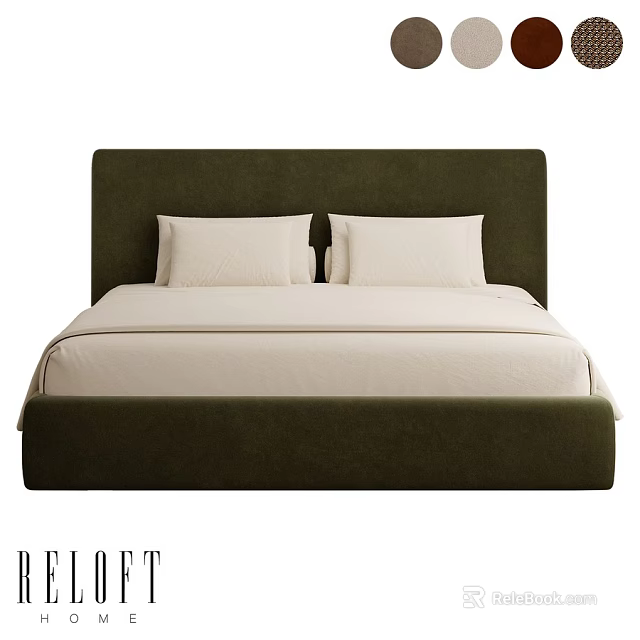 Modern Double Bed With Dark Green Headboard And Light Colored Sheets 3d model 