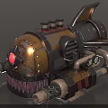 Steampunk Airplane With Yellow Black Body Red Light Tooth Structure Pipes And Shark Fin Tail