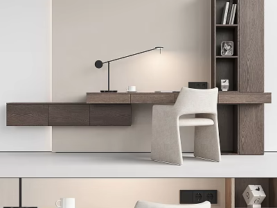 Modern Home Office Desk With Desk Lamp Comfortable Chair Wooden Bookshelf And Cup On Top 3d model