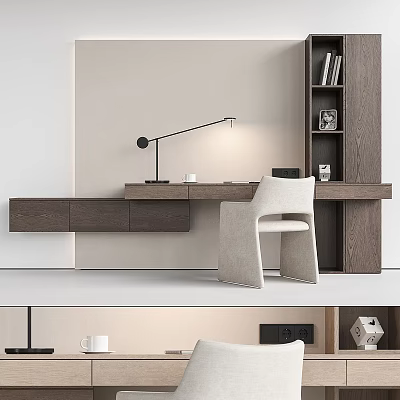 Modern Home Office Desk With Desk Lamp Comfortable Chair Wooden Bookshelf And Cup On Top 3d model