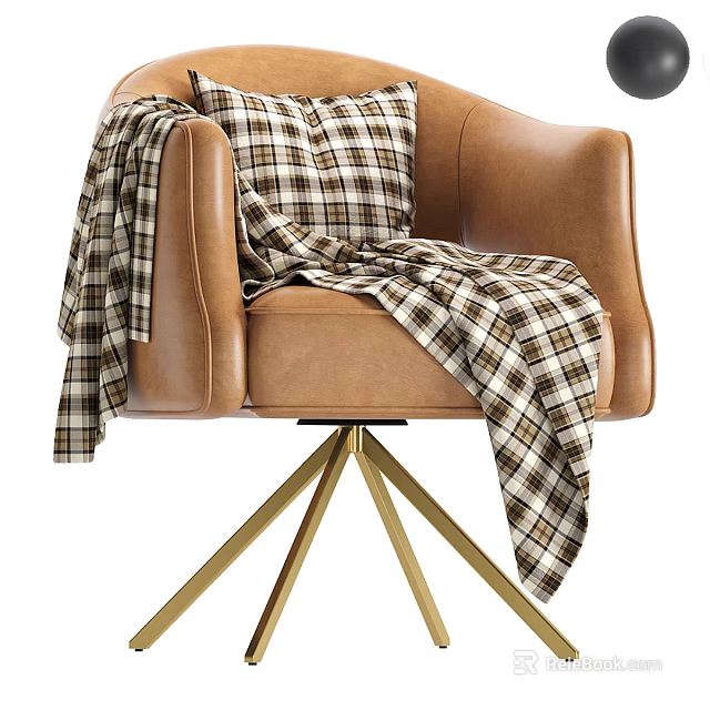 Brown Leather Single Sofa with Plaid Blanket Cushion and Gold Tripod Base 3d model 