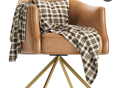Brown Leather Single Sofa with Plaid Blanket Cushion and Gold Tripod Base 3d model