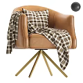 Brown Leather Single Sofa with Plaid Blanket Cushion and Gold Tripod Base