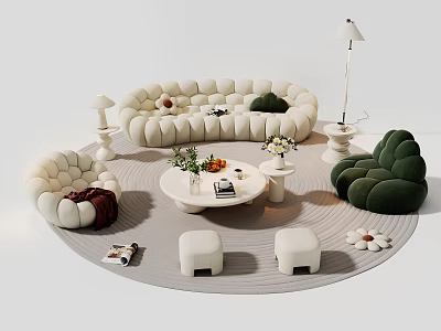 Modern Beige Curved Sofa and Coffee Table Set with Green Chair Ottoman and Decorative Flowers 3d model