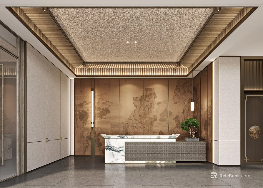 Elegant Modern Sales Office Interior Design With Reception Desk Landscape Paintings Warm Lighting And Green Plants 3d model 