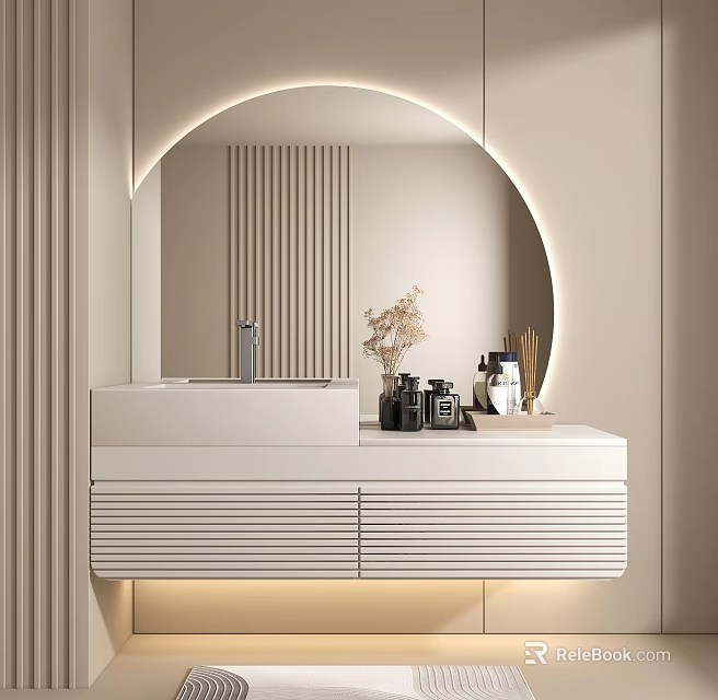 Modern Bathroom Vanity With Round Backlit Mirror White Countertop Drawers Toiletries And Vase On Top 3d model 
