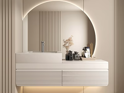 Modern Bathroom Vanity With Round Backlit Mirror White Countertop Drawers Toiletries And Vase On Top 3d model