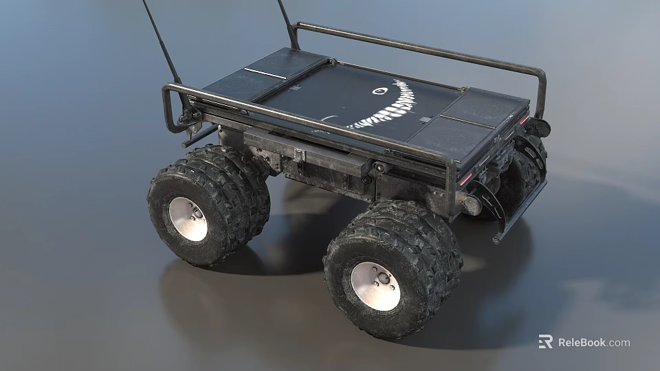 Black Functional Vehicle With Four Wheel Off Road Tires Top Platform And Antennas 3d model 