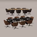 Modern Conference Table with Brown Leather Chairs and Water Bottles Notebooks On Top