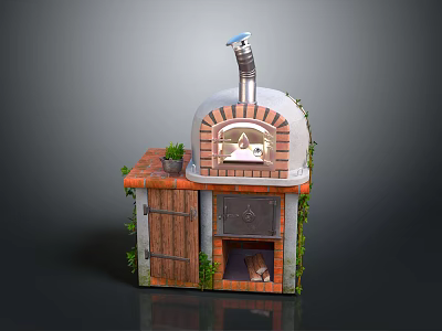 Outdoor Brick Pizza Oven With Arched Design Chimney Wooden Door And Green Vines 3d model