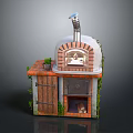 Outdoor Brick Pizza Oven With Arched Design Chimney Wooden Door And Green Vines