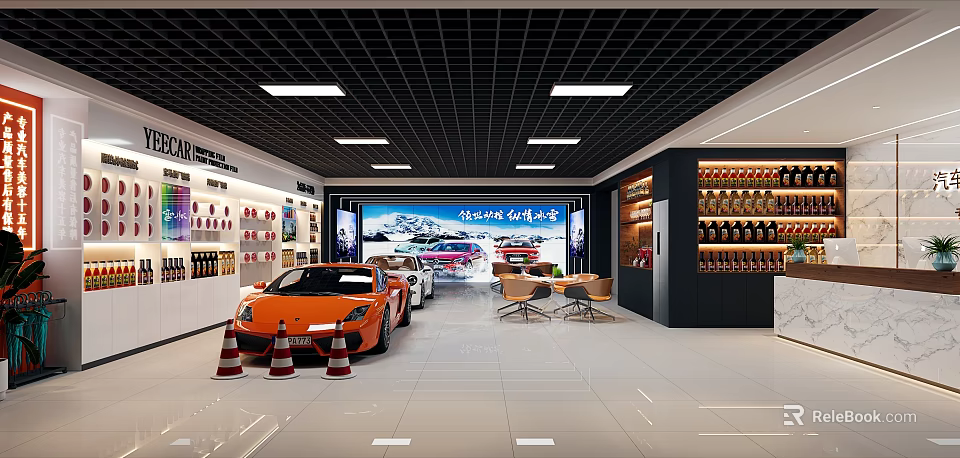 Modern Sports Car Showroom Featuring Orange White Sports Cars Beverage Shelves And Tables 3d model 