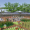 Scenic Rural Landscape With Greenhouses Palm Trees Flower Beds And Outdoor Seating Areas