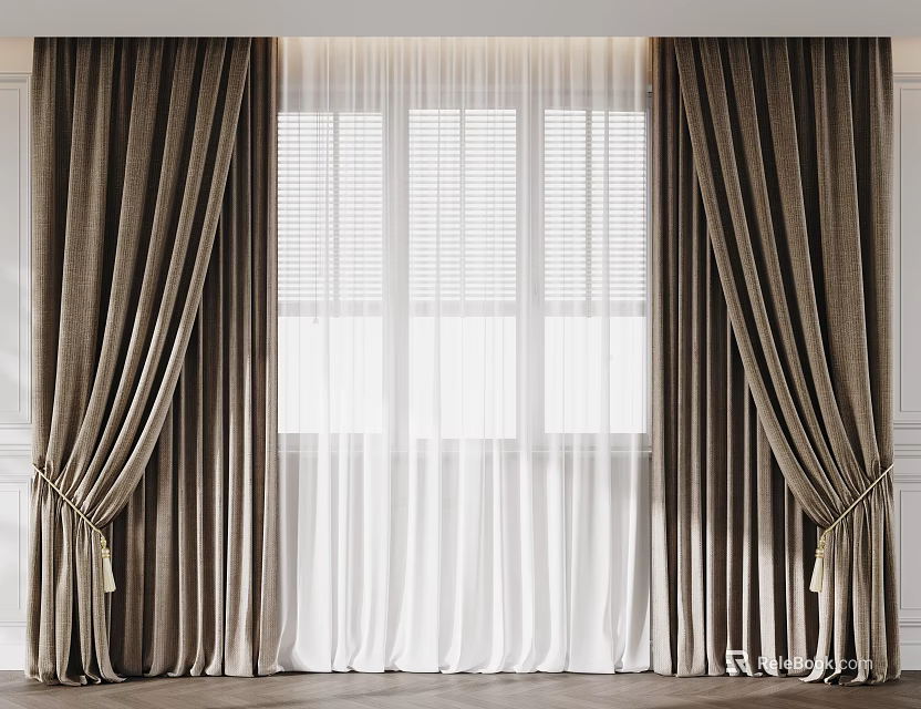 Dark Brown Heavy Curtains With White Sheer Tied Design Elegant Modern Window Decoration 3d model 