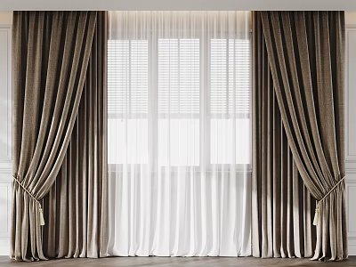 Dark Brown Heavy Curtains With White Sheer Tied Design Elegant Modern Window Decoration 3d model