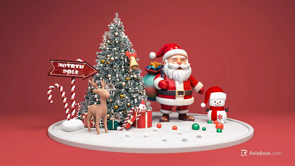 Festive Christmas Art Installation With Decorated Tree Santa Claus Gifts Reindeer Snowman And Candy Canes 3d model