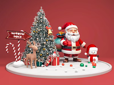 Festive Christmas Art Installation With Decorated Tree Santa Claus Gifts Reindeer Snowman And Candy Canes 3d model