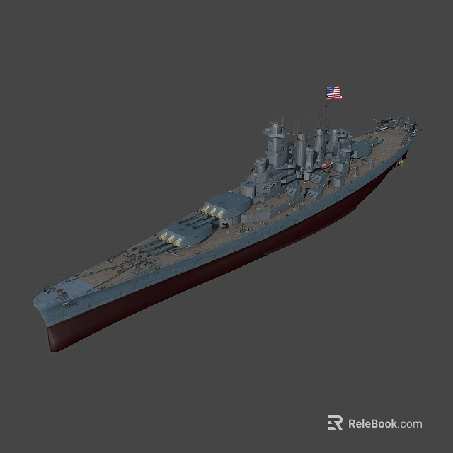 Detailed Battleship 3D Model With Gray Hull Multiple Turrets And American Flag 3d model 