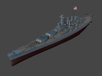 Detailed Battleship 3D Model With Gray Hull Multiple Turrets And American Flag 3d model