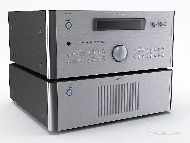 Modern Silver Stacked Home Audio Amplifier With Control Panel And Display Screen 3d model 