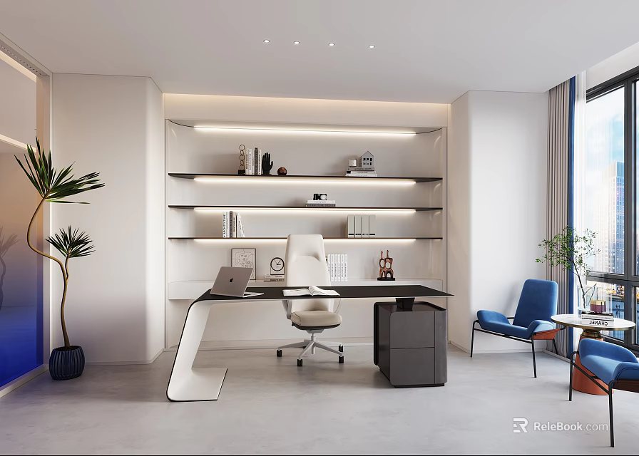 Modern Office Interior With Open Desk Shelves Plant Window And Chair 3d model 