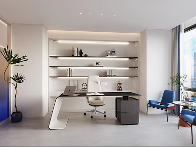Modern Office Interior With Open Desk Shelves Plant Window And Chair 3d model