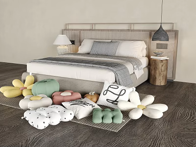 Colorful Floral And Patterned Throw Pillows With Various Shapes In Bedroom On Bed And Floor 3d model