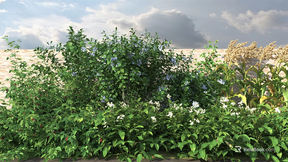 Lush Green Shrubs With White And Blue Flowers Under Cloudy Sky 3d model 
