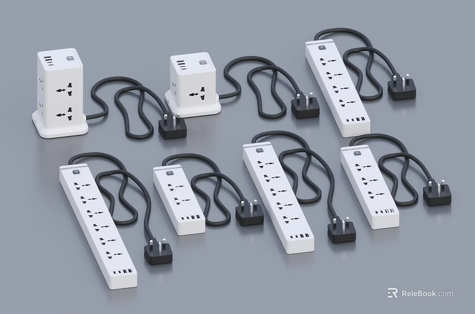 White Switch Panels With Multiple Outlets And Extension Cords For Home Use 3d model 