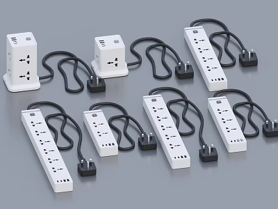 White Switch Panels With Multiple Outlets And Extension Cords For Home Use 3d model