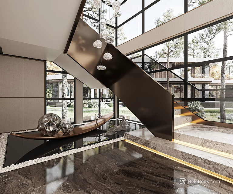 Elegant Modern Staircase Hall With Glass Walls Chandeliers And Polished Marble Flooring 3d model 