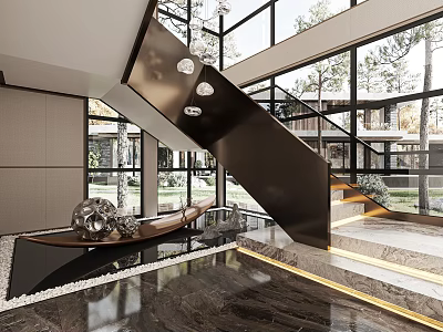 Elegant Modern Staircase Hall With Glass Walls Chandeliers And Polished Marble Flooring 3d model