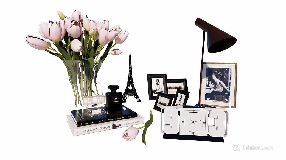 Ornamental Decor Set with Pink Tulips Glass Vase Eiffel Tower Model Photo Frames Table Lamp 3d model 