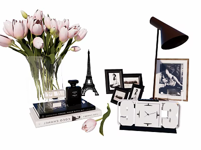 Ornamental Decor Set with Pink Tulips Glass Vase Eiffel Tower Model Photo Frames Table Lamp 3d model