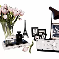 Ornamental Decor Set with Pink Tulips Glass Vase Eiffel Tower Model Photo Frames Table Lamp