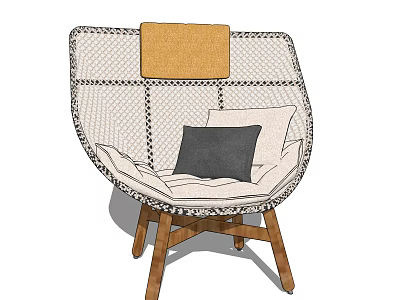Modern Woven Leisure Chair With Comfortable Black Pillow Wooden Legs And Yellow Cushion 3d model