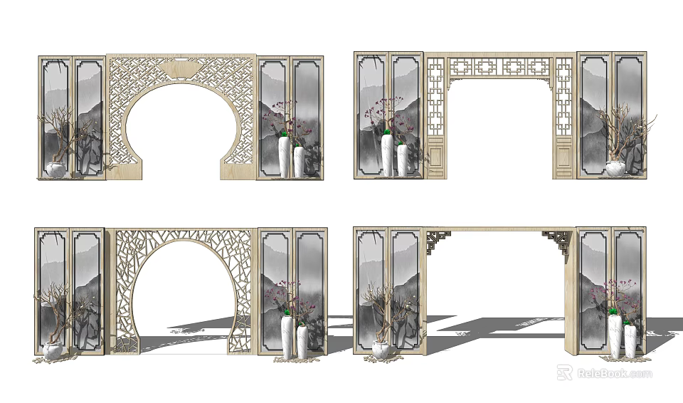 Traditional Chinese Carved Archway Design With Screen Vases And Landscape Paintings 3d model 